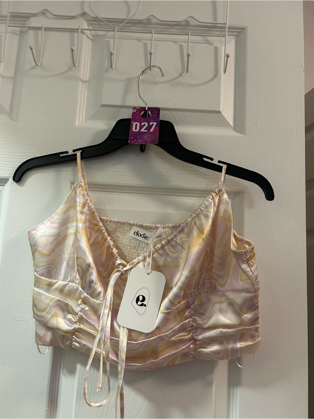 Elodie Marble-Print Satin Drawstring Camisole in Pink and Cream